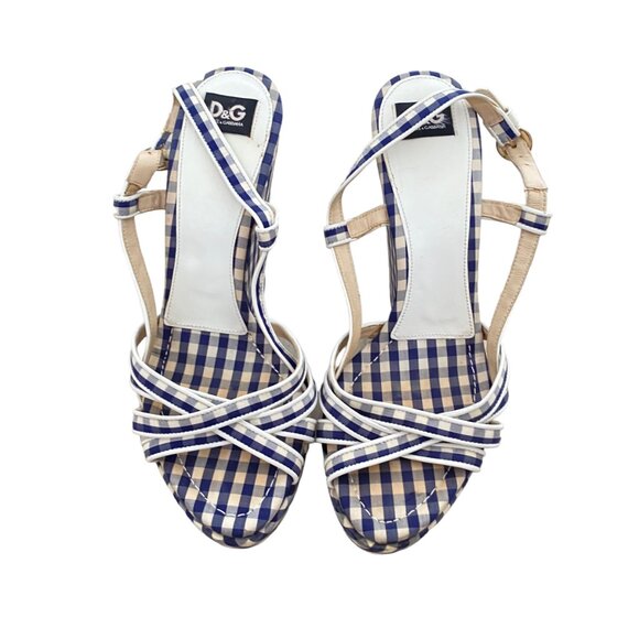D&G Dolce & Gabbana blue white plaid print 50s style slingback 37, 7US - Picture 1 of 12